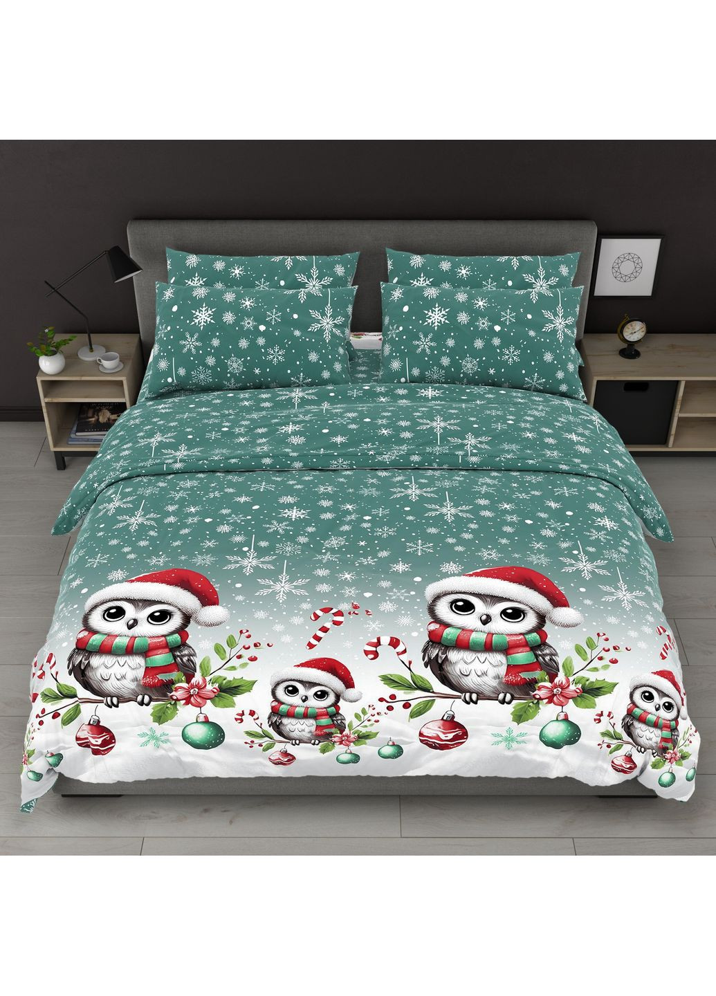 Постільна білизна новорічна двоспальна зелено-біла Сови Бязь Голд 518324 Ananasko (366959243)