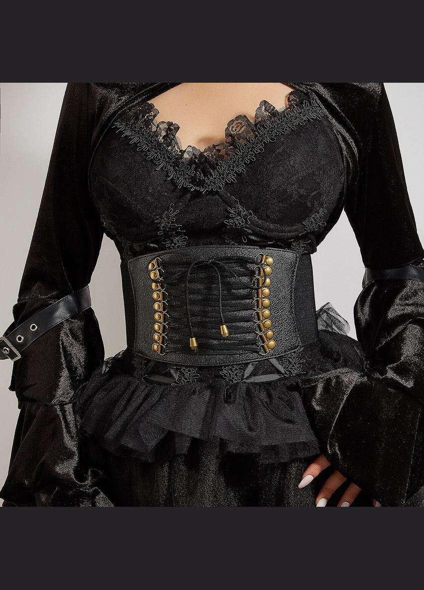 Широкий пояс-корсет ремінь ремінець поясок на шнурівці One Size чорний (16-7) No Brand (308999931)