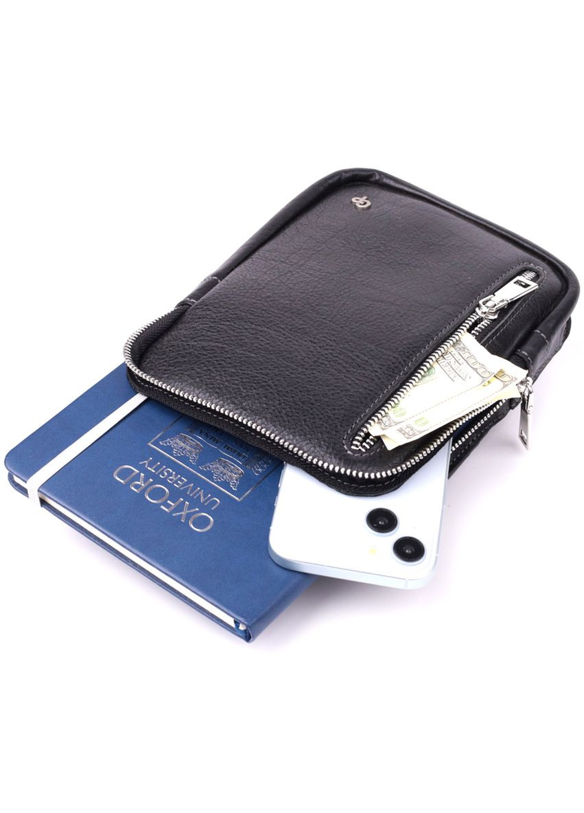 Мужская прямоугольная сумка бананка из зернистой натуральной кожи 22879 Черный Grande Pelle (331908237)