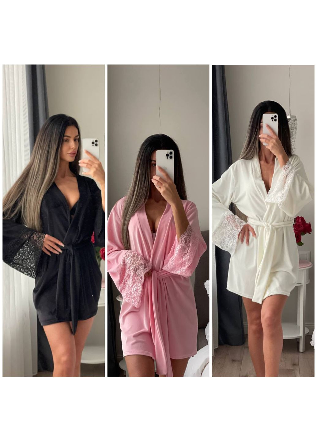 Халат жіночий велюровий з мереживом No Brand (370169332)