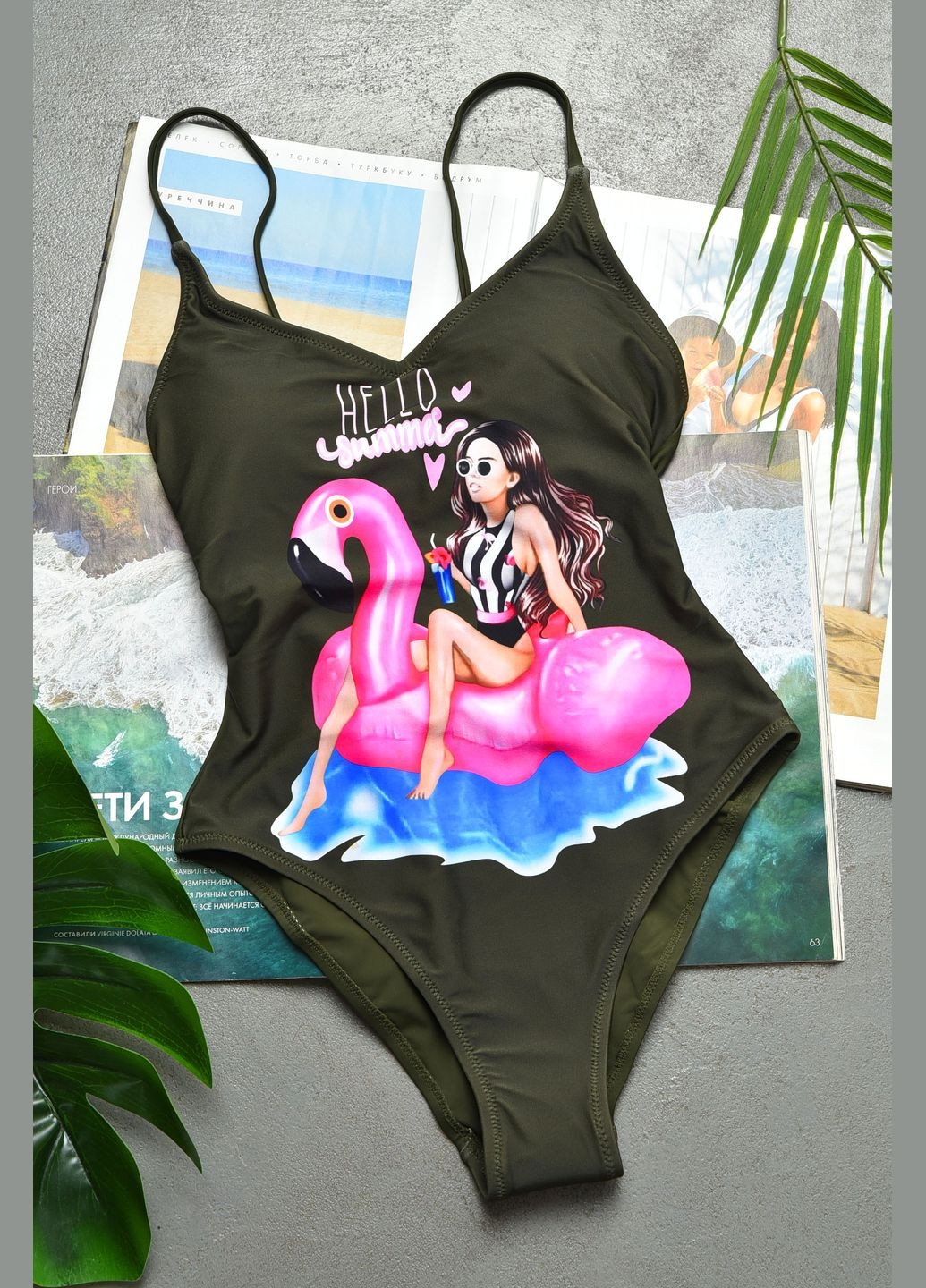 Темно-зеленый летний купальник подростковый тёмно-зеленого цвета с принтом слитный Let's Shop