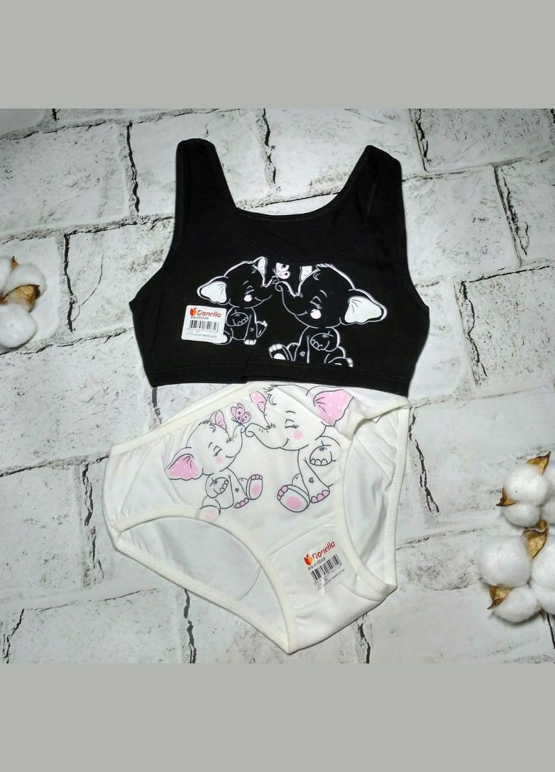 Комбінований демісезонний спідня білизна дитяча комплект топ і трусики для дівчинки слоненя чорно-білий 8-9 років 134-140 р Donella