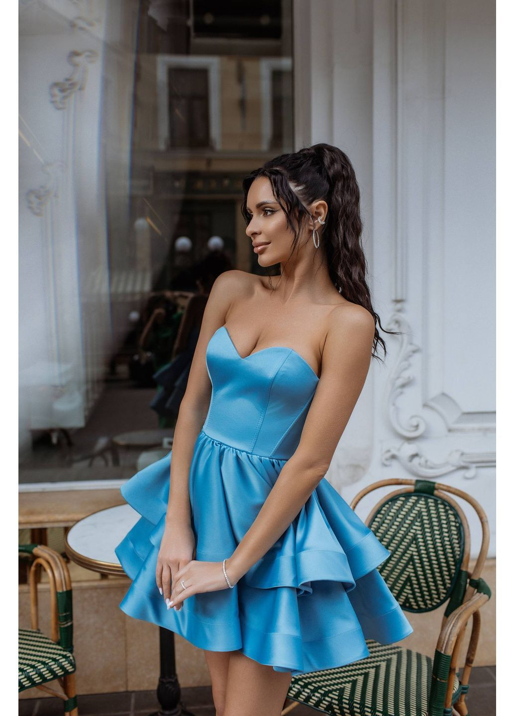 Голубое праздничный мини-платье с корсетным верхом и пышной юбкой с пышной юбкой MonCher