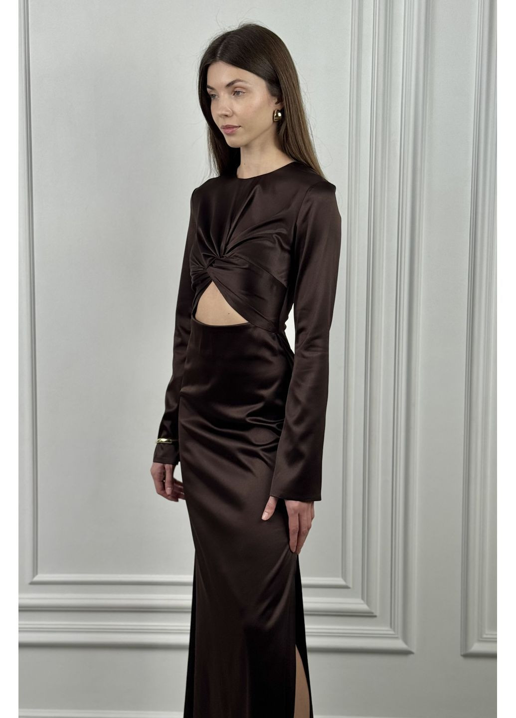Темно-коричневое праздничный, коктейльное, вечернее платье макси с вырезом CHICLY однотонное