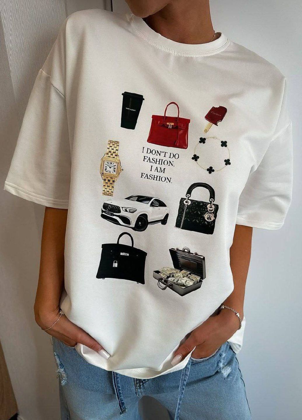 Базова повсякденна оверсайз футболка з принтом та рукавами до ліктя Україна - (328392526)