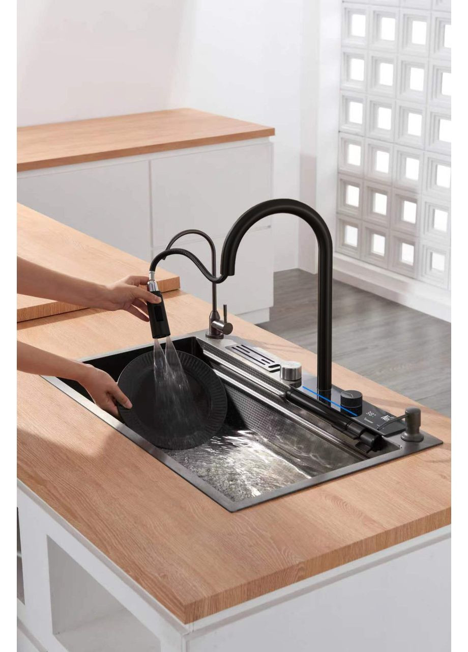 Кухонний змішувач чорний з водопадом/висувною лійкою нержавіючий OB-38 Nett (369475020)