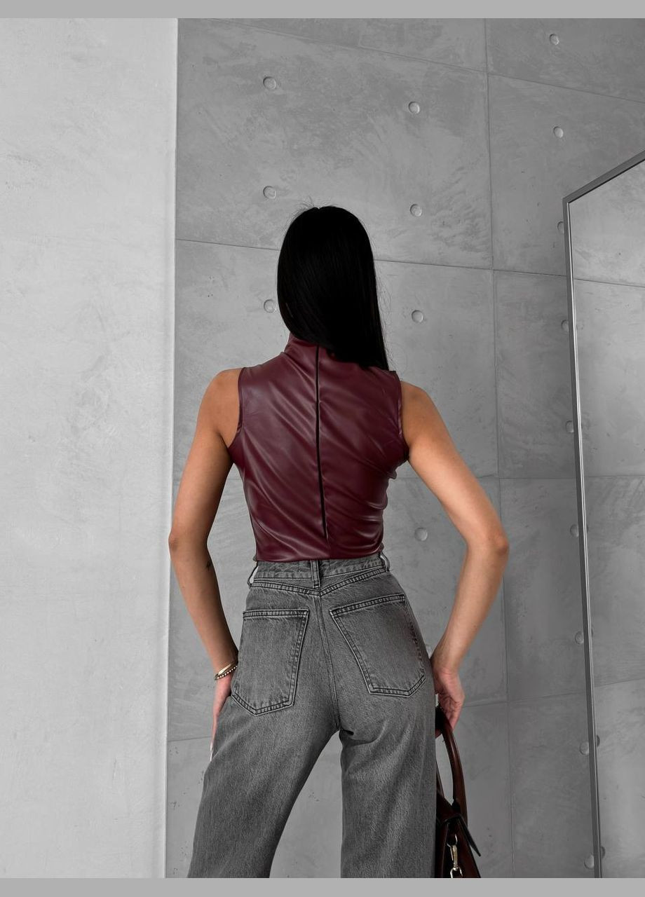 Жіночий чорний бордовий шкіряний молодіжний топ, топік, еко-шкіра бургунді No Brand (318480607)