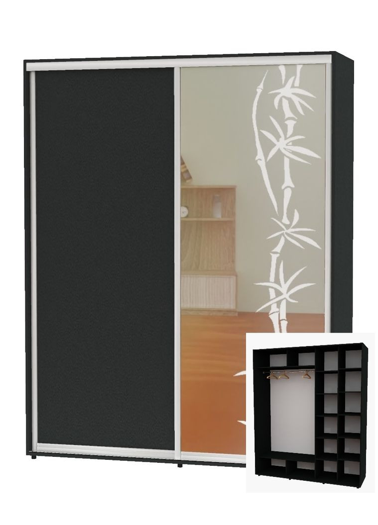 Шкаф-купе двухдверный 200*60*240 Антрацит ДСП/Зеркало с пескоструйным рисунком Алекса (360462154)