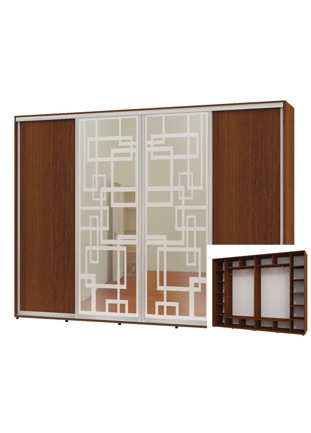 Шафа-купе чотиридверна 280*45*220 Горіх лісовий 2 ДСП/2 Дзеркала з піскострумним малюнком Алекса (360475319)