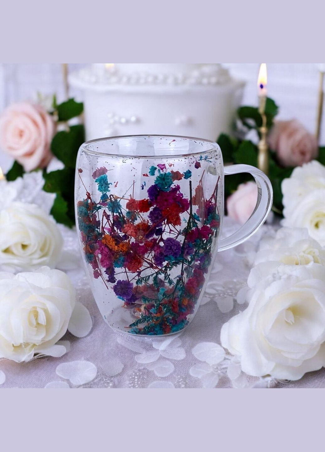 Чашка з подвійним дном жовт.+зелений+рожеві. квітками 350мл No Brand 4038 (314871624)