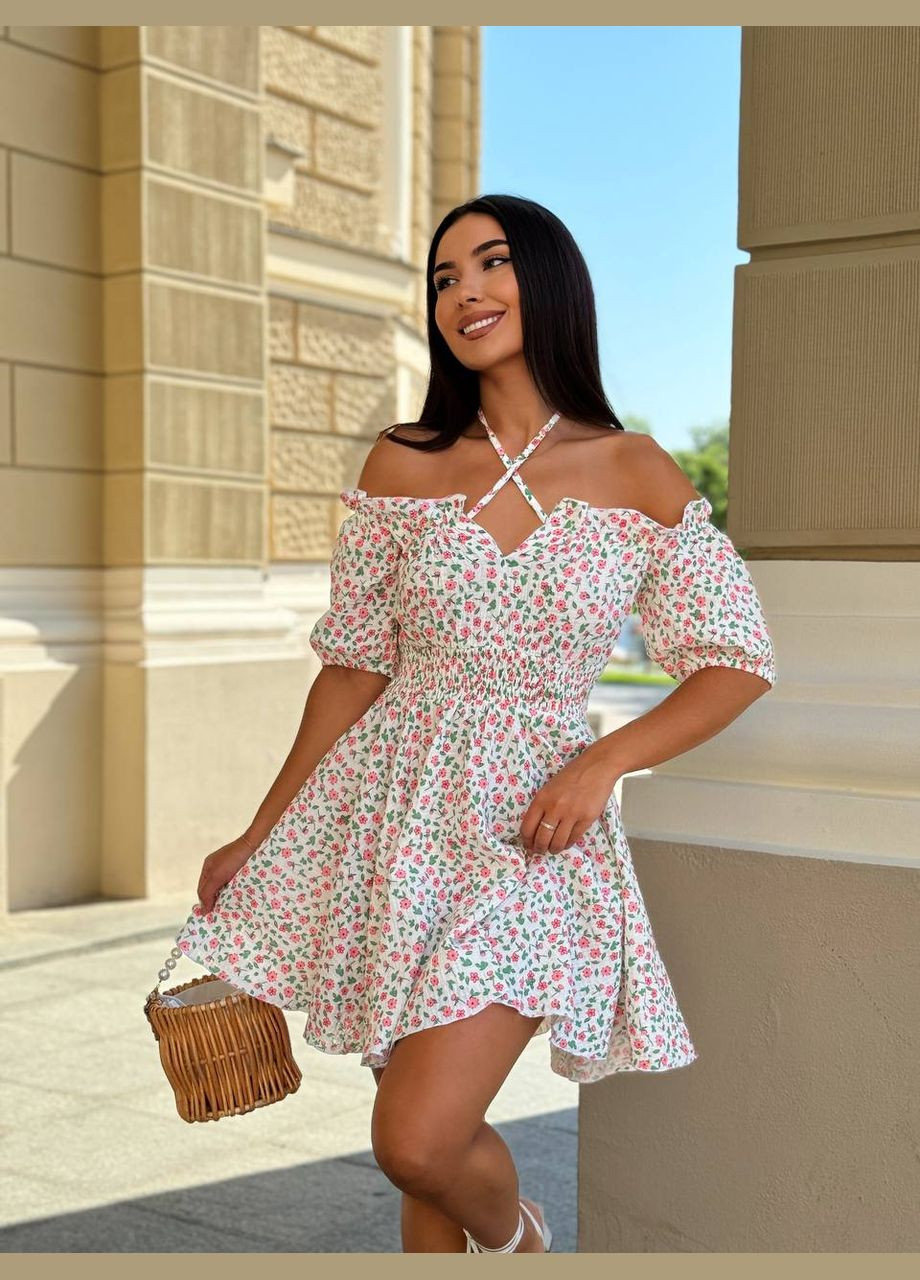 Молочное повседневный женское платье FINO Mode с цветочным принтом