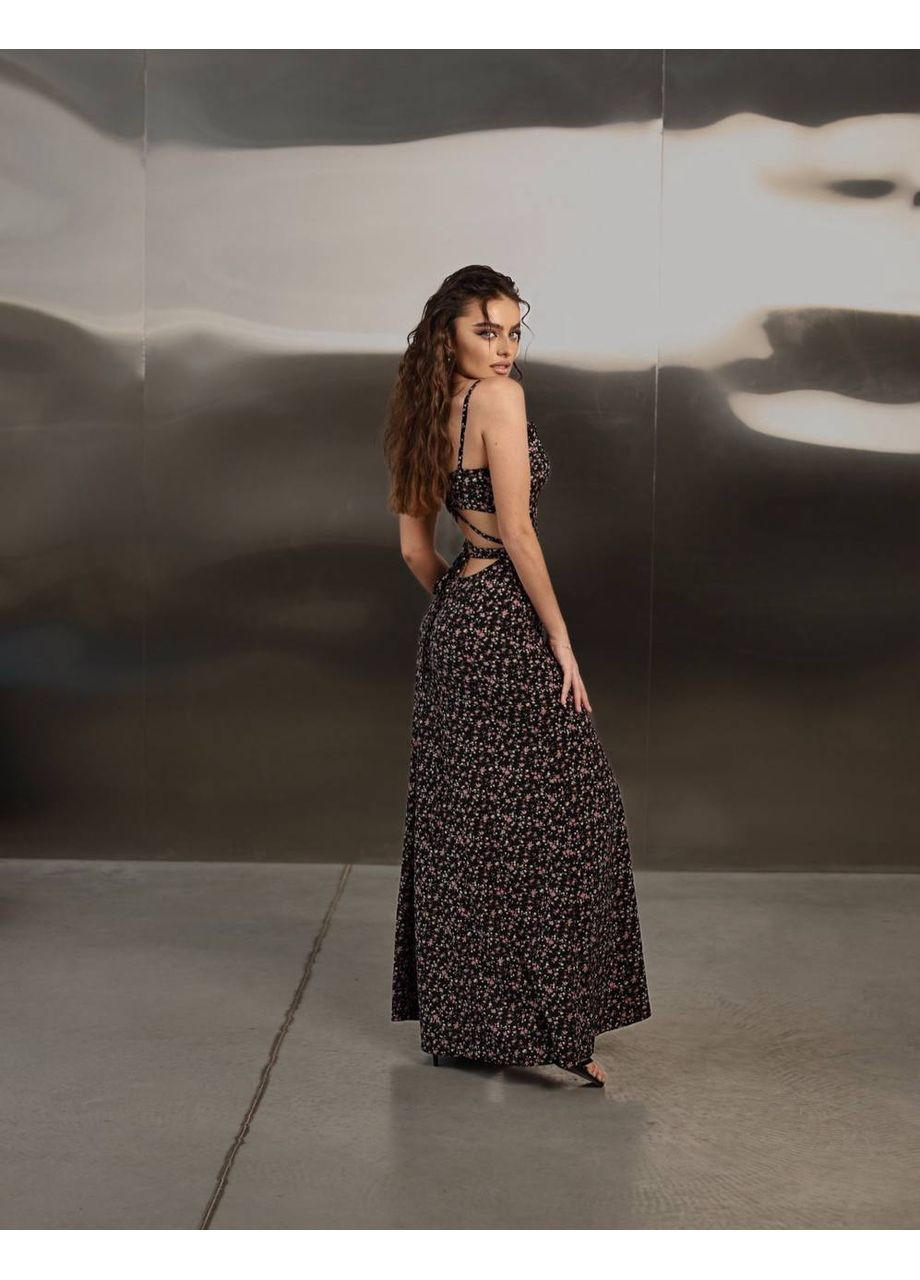 Чорна повсякденний легка сукня на бретелях з квітковим принтом і розрізом Україна