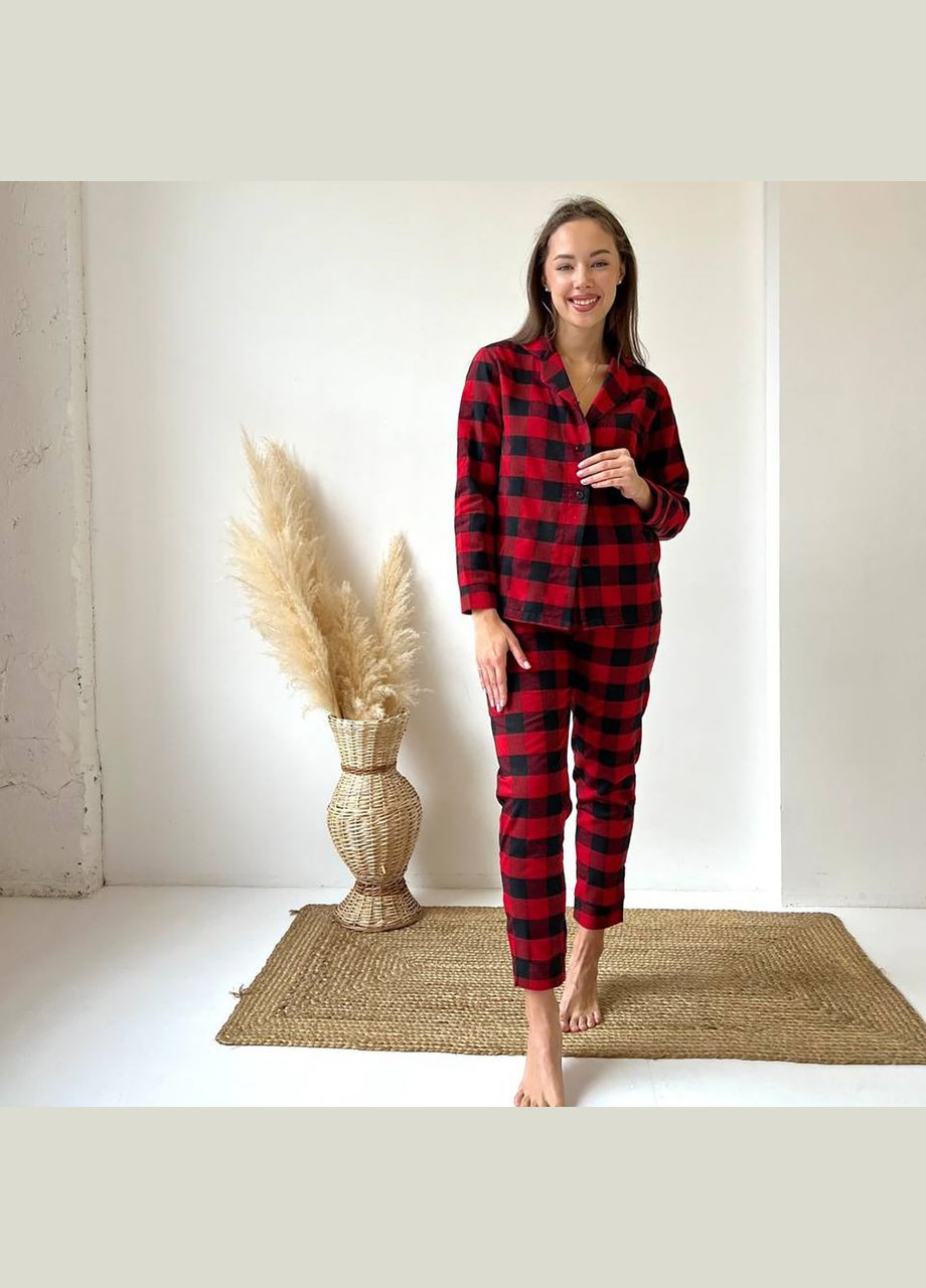 Комбинированная пижама (рубашка+штаны) женская теплая фланель клетка красная с черным f71p Cosy