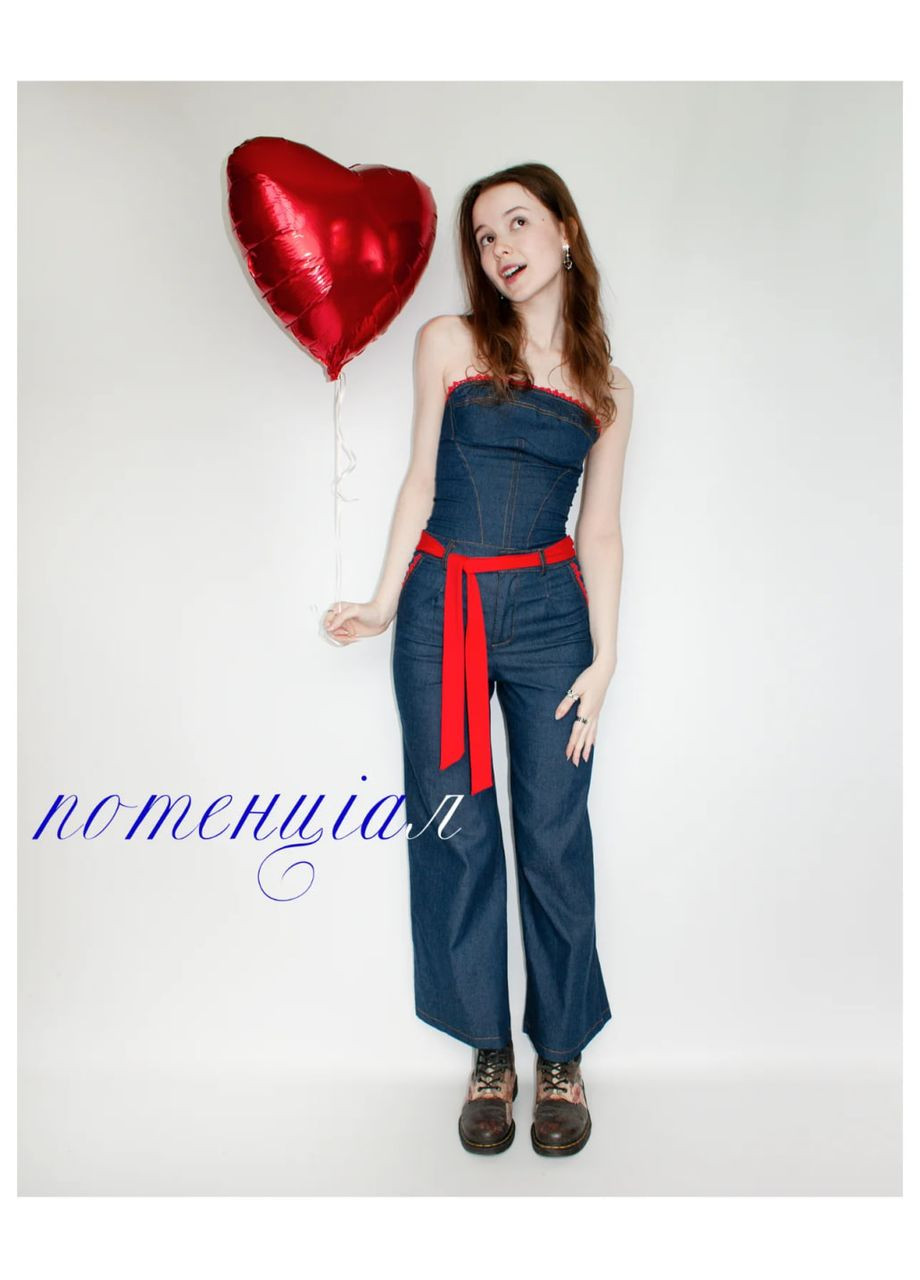 Костюм двойка денимовый ретро стиль джинсовый топ-корсет на шнуровке стильные брюки джинсы прямого кроя с лентой y2k винтажный No Brand (341530441)