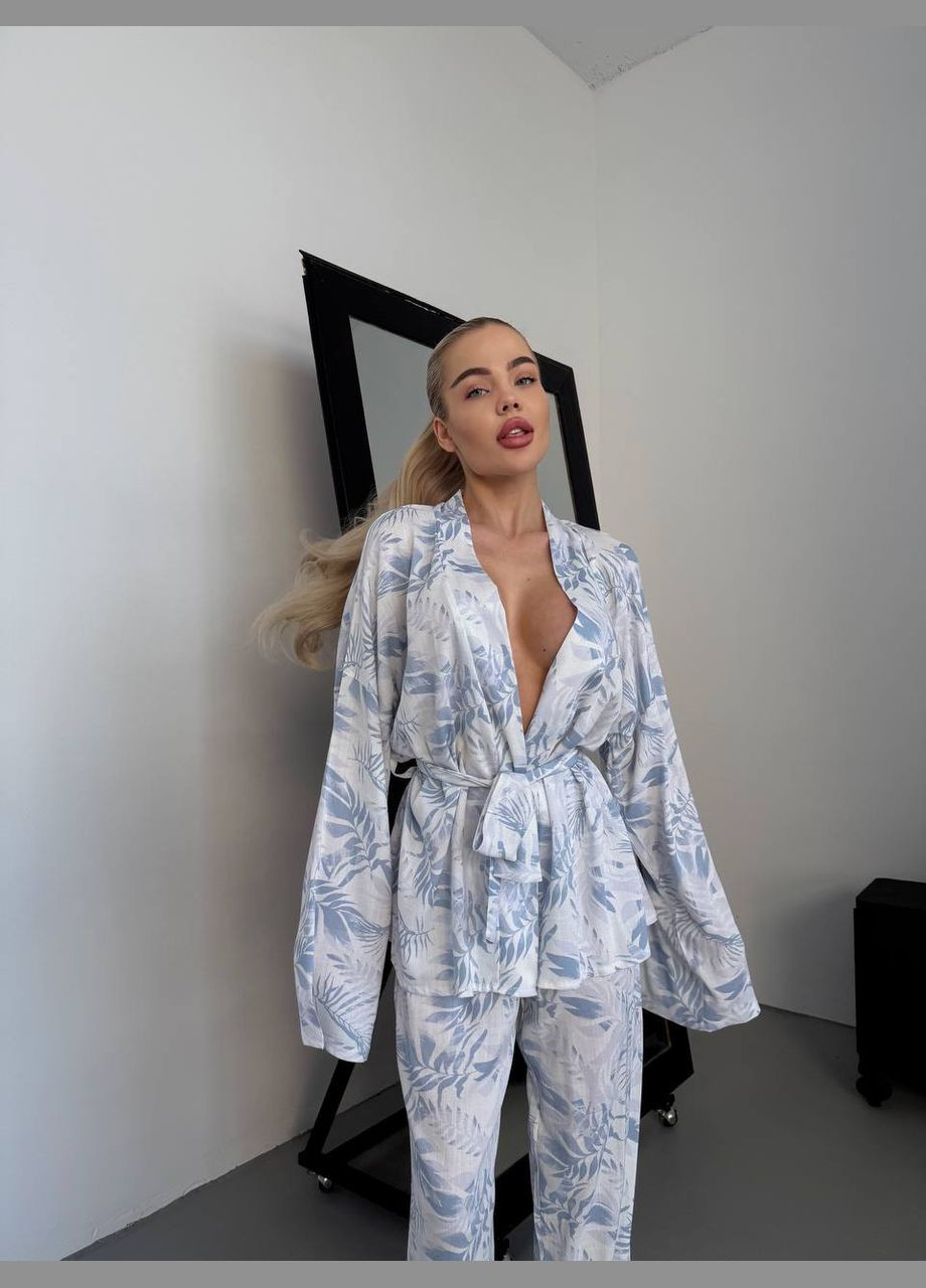 Легкий льняной костюм с нежным принтом No Brand Р4936-490 (347176249)