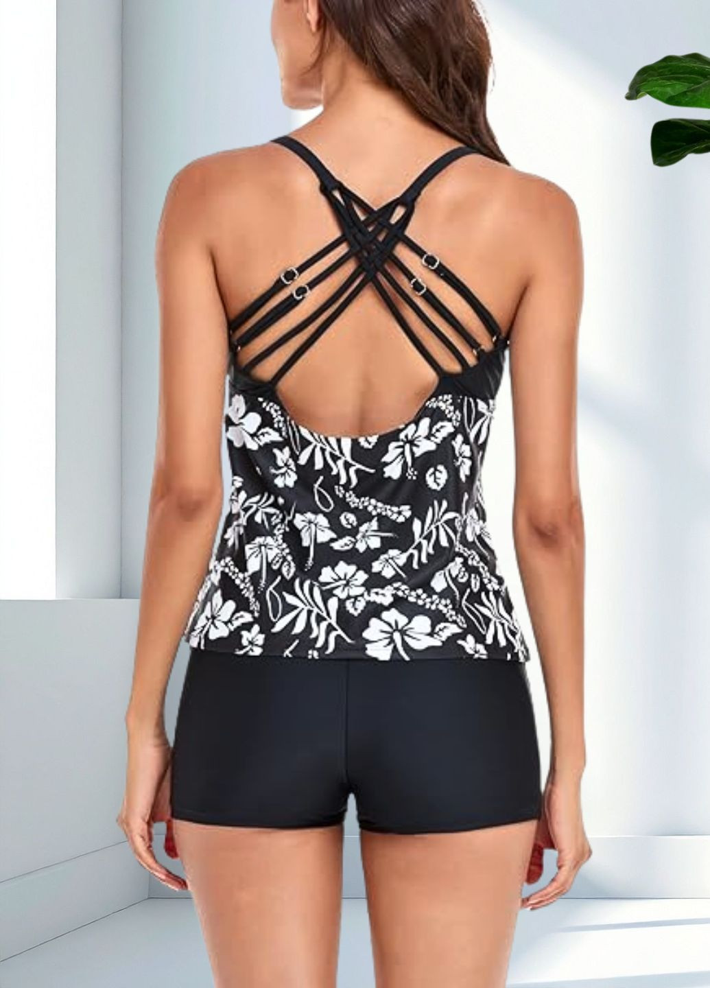 Чорно-білий літній роздільний купальник two-piece plus size athletic swimwear (8291) танкіні, роздільний FS