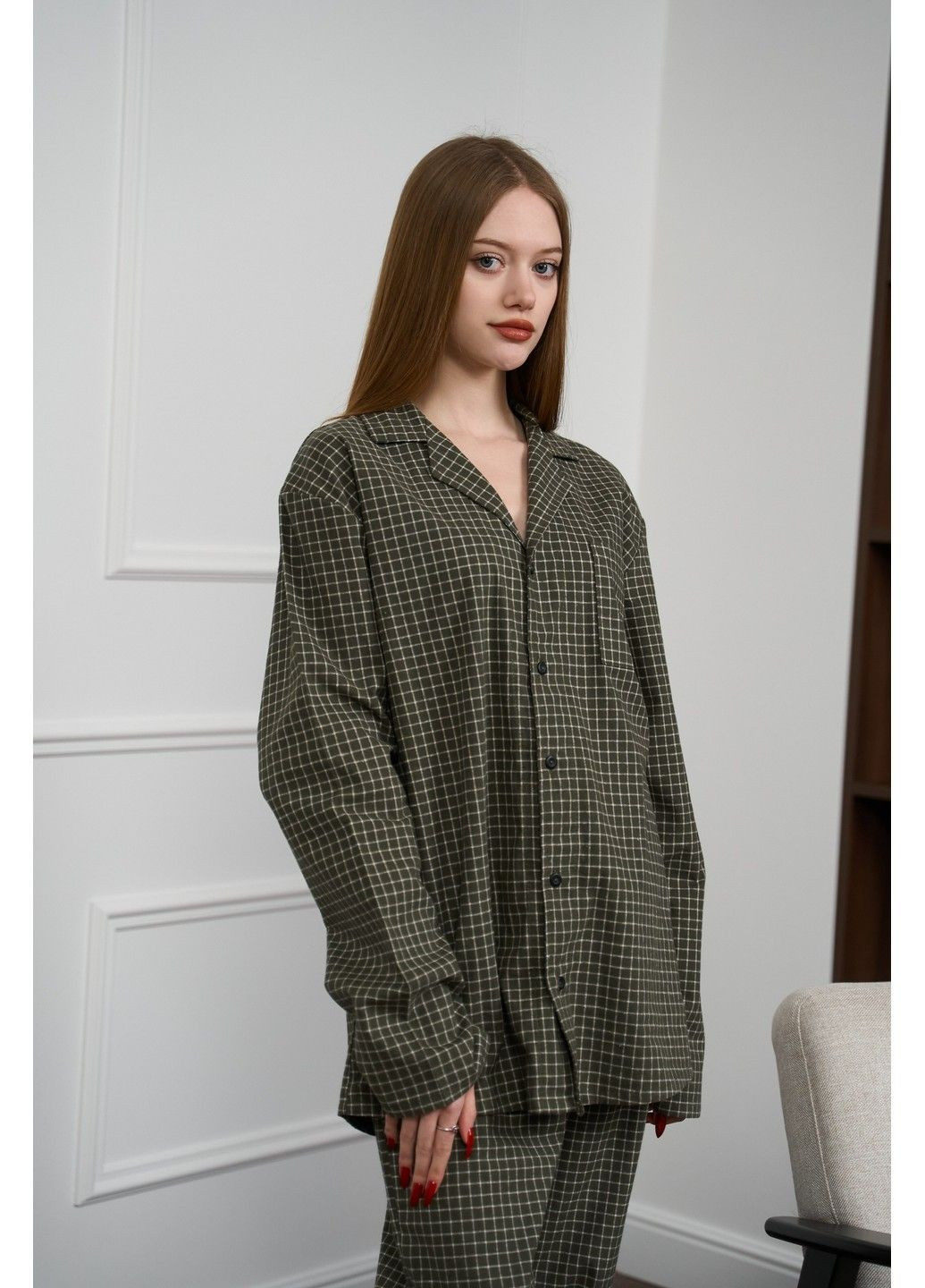 Оливкова піжама жіноча в клітинку фланель soft оливка сорочка + брюки Handy Wear
