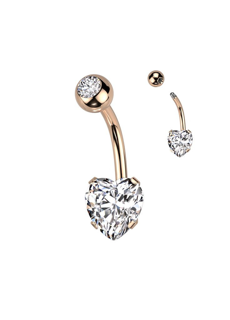Сталева сережка банан для пірсингу пупка NS10-RDC у формі серця з фіанітами (Золотистий) Spikes (333342366)