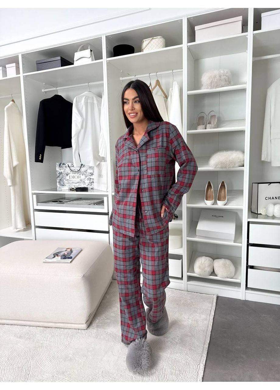 Сіро-червона всесезон жіноча піжама в клітинку сорочка + брюки FINO Mode