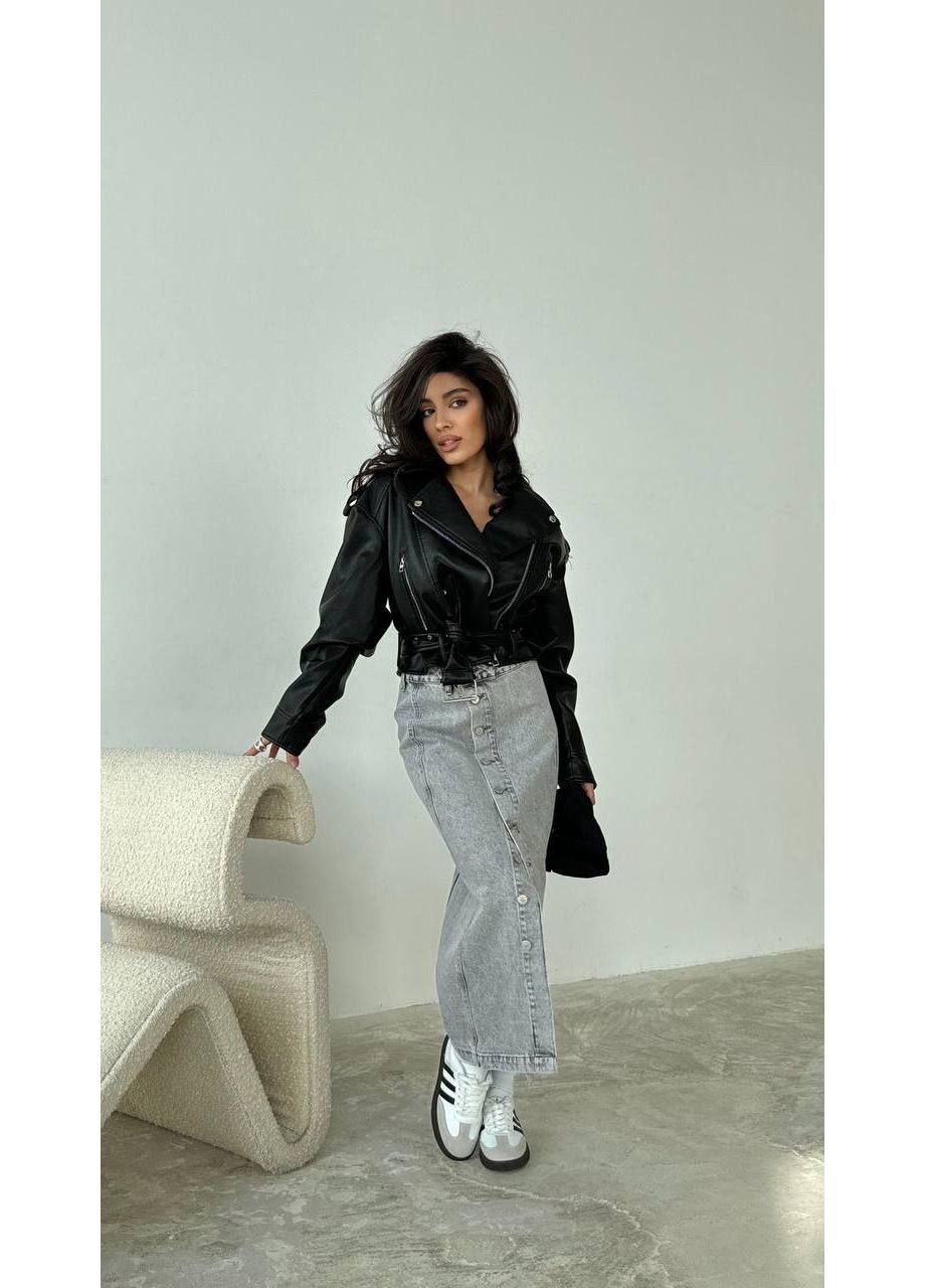 Чорна демісезонна жіноча вкорочена косуха з еко-шкіри Fashion