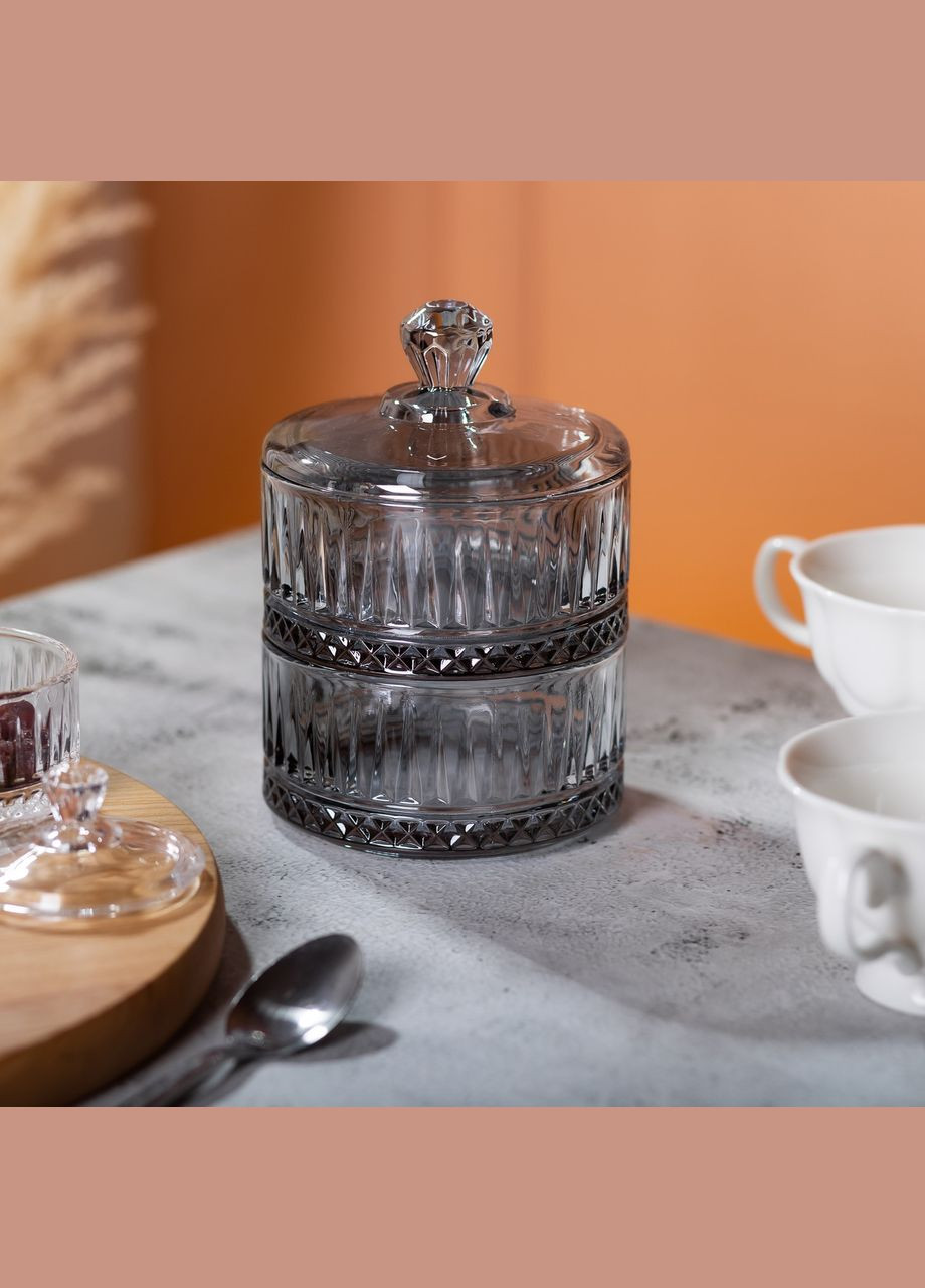 Двухуровневая конфетница с крышкой стеклянная Ø 10 см Серая HP-YH-77 Yiwu (353502537)