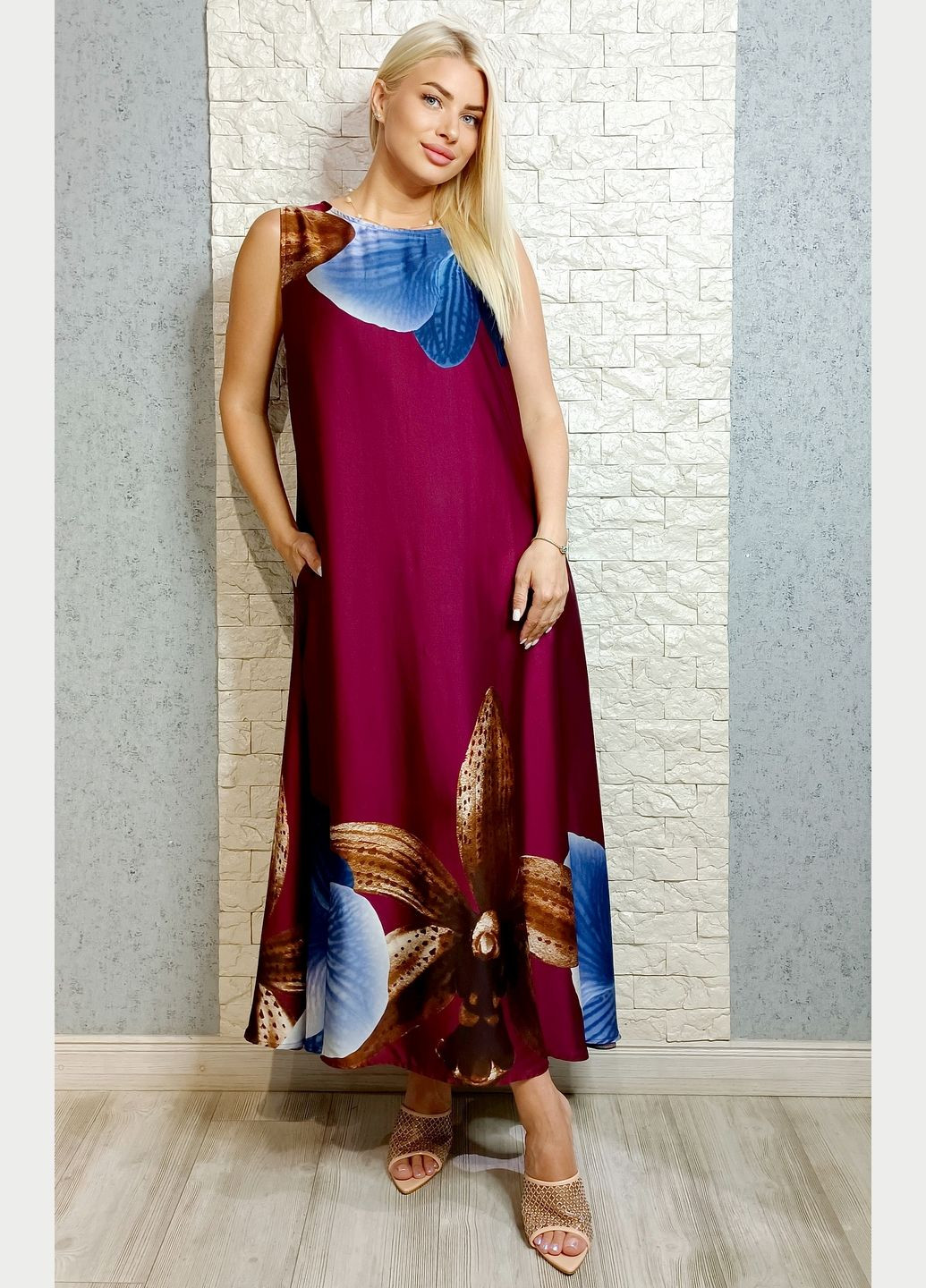 Бордовое повседневный, кэжуал платье а-силуэт LUX LUNA с цветочным принтом