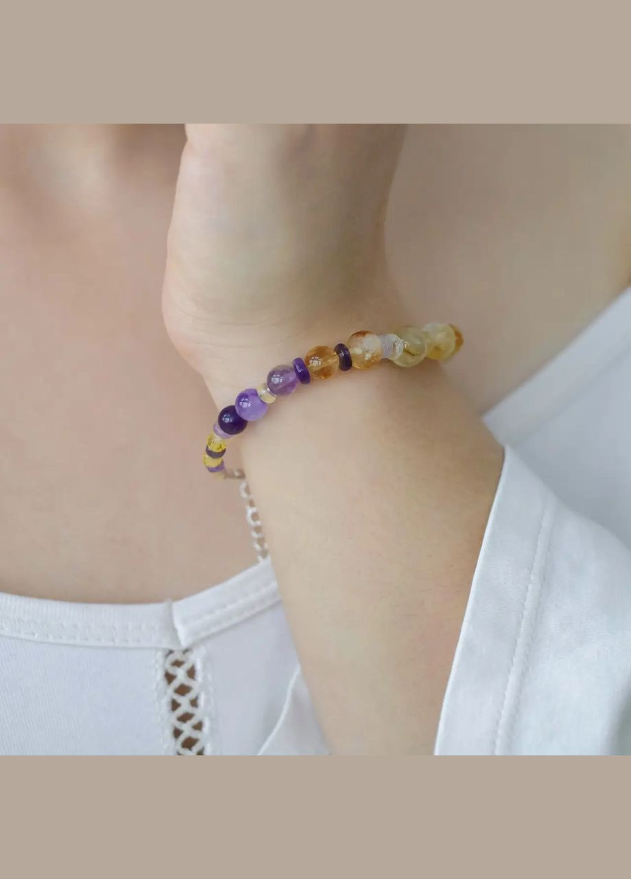 Браслет натуральный Цитрин, Аметист, Кварц и Циркон, фур-ра гип-ный сплав цвет серебро d-8-2мм+- L-18-23см No Brand браслет (303359753)