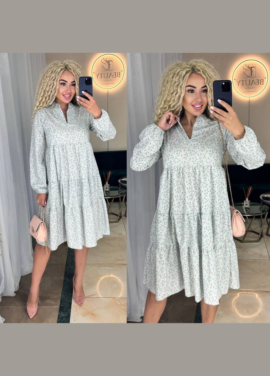 Оливковое свободное платье в цветочках Fashion