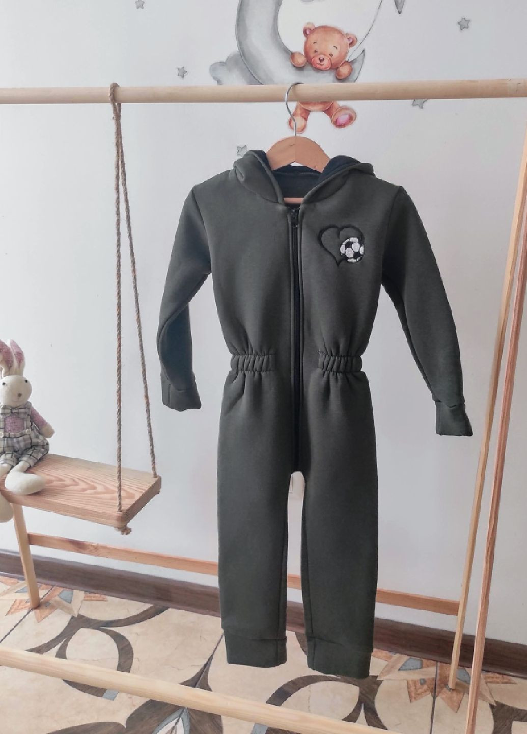 Комбинезон, ромпер, человечек, детский, теплый на флисе трехнитка с ушками No Brand (305201754)