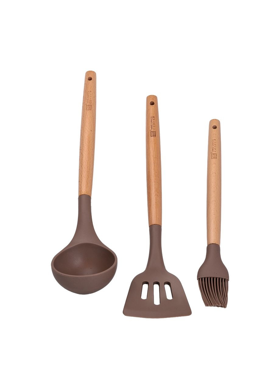 Набор алюминиевой посуды с толстым дномс лопаткой, половником и кисточкой Кофейный MGC (360455232)