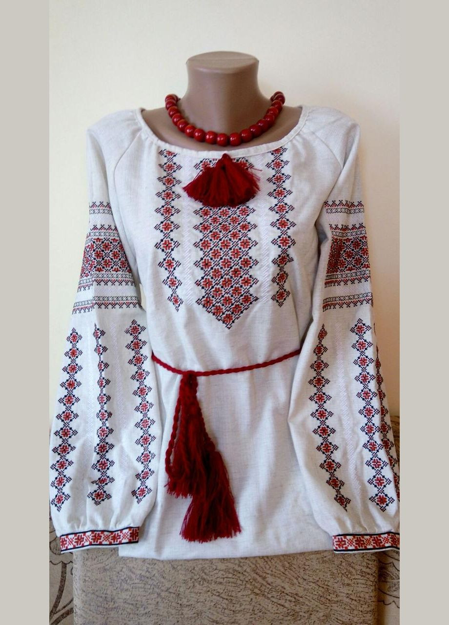 Бежевая женская вышитая рубашка на льне с красным орнаментом "нежная" с красным на льне 48 Прикарпатські Вишиванки прямой хлопок (324250336)