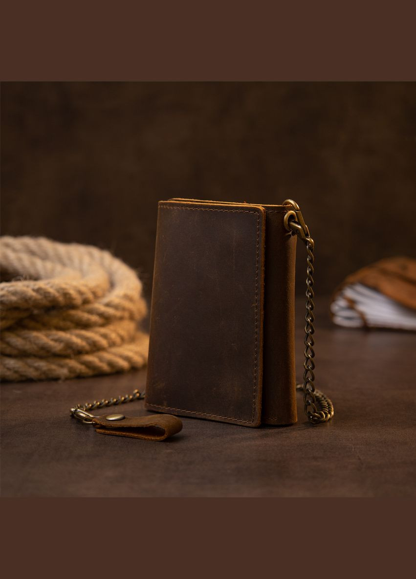 Кожаное портмоне мужское с цепочкой матовое 20439 Коричневое Vintage (306881991)
