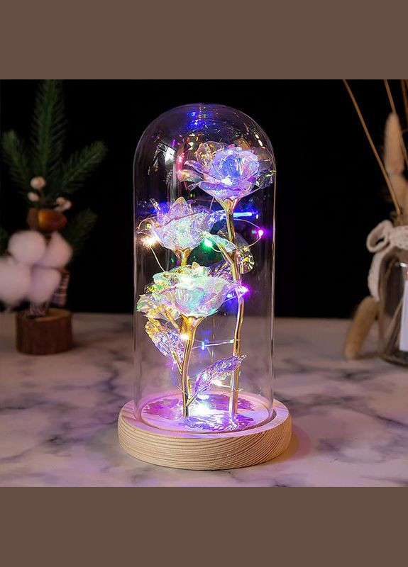 Три троянди в колбі KY-46456 Кольорове світло з LED-підсвіткою нічник під скляним куполом 15 шт. Lesko (349729813)