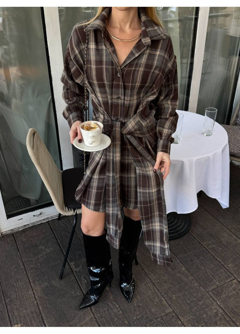 Коричнева повсякденний, кежуал жіноча сукня-сорочка сукня-сорочка Style Point в клітинку