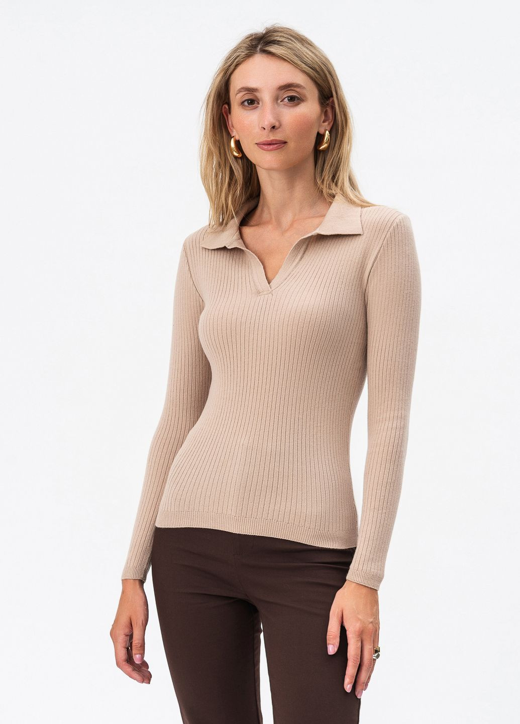 Бежевая женская футболка-женский трикотажный лонгслив - поло SVTR