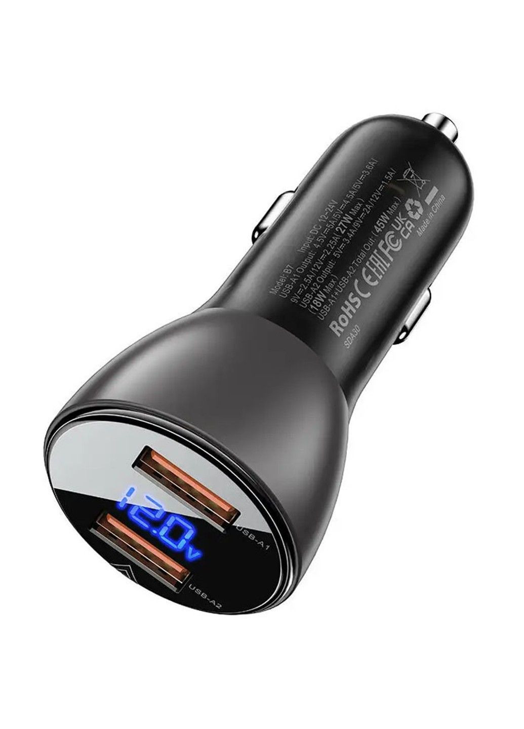 АЗП B7 metal car charger 45W (USB-A + USB-A) with digital display Acefast (294725533)