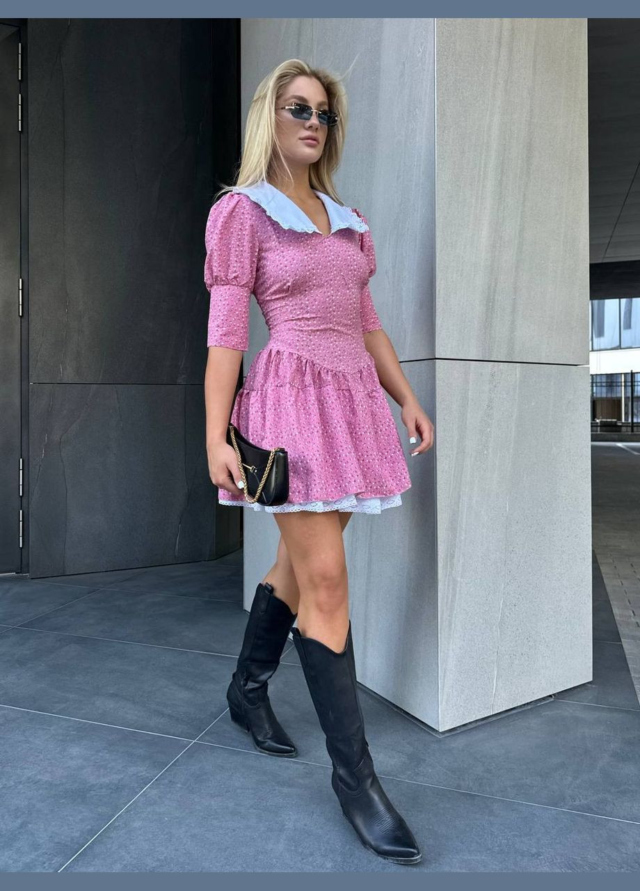 Розовое кэжуал изысканное мини платье с белым воротником с пышной юбкой Adelante с цветочным принтом