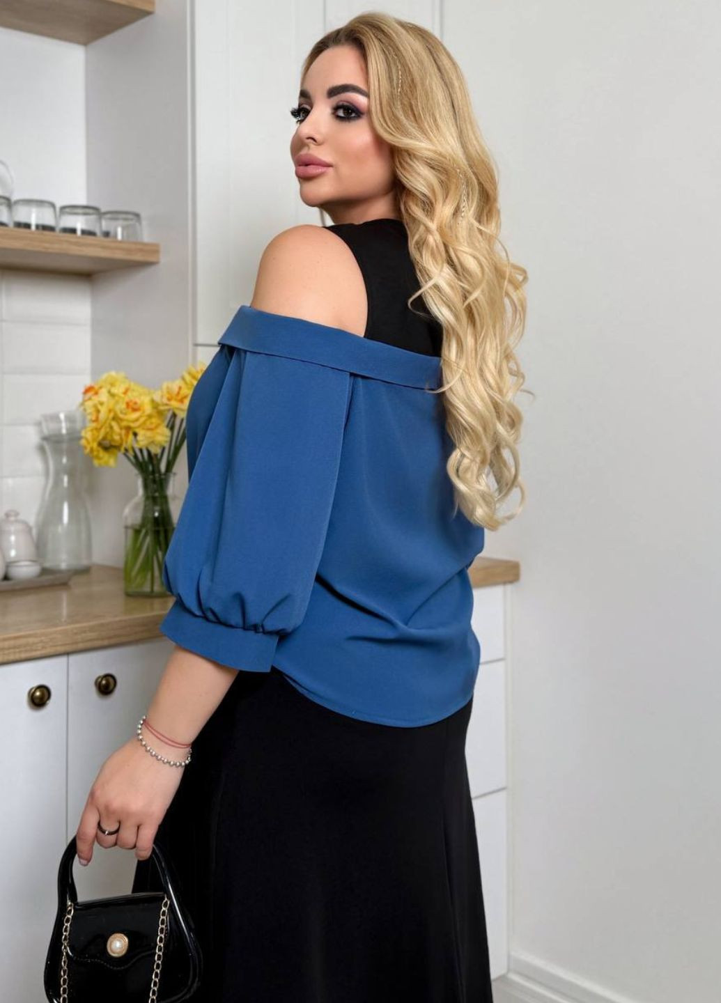 Синее вечернее изысканное вечернее меди платье комбинация с имитацией рубашки платье-комбинация Україна однотонное