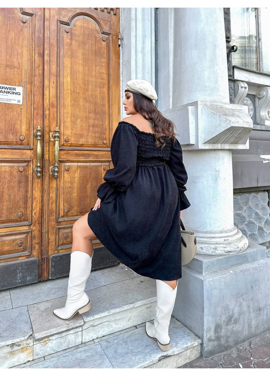 Чорна святковий, повсякденний, кежуал сукня міді вельвет бебі долл, з відкритими плечима Україна однотонна