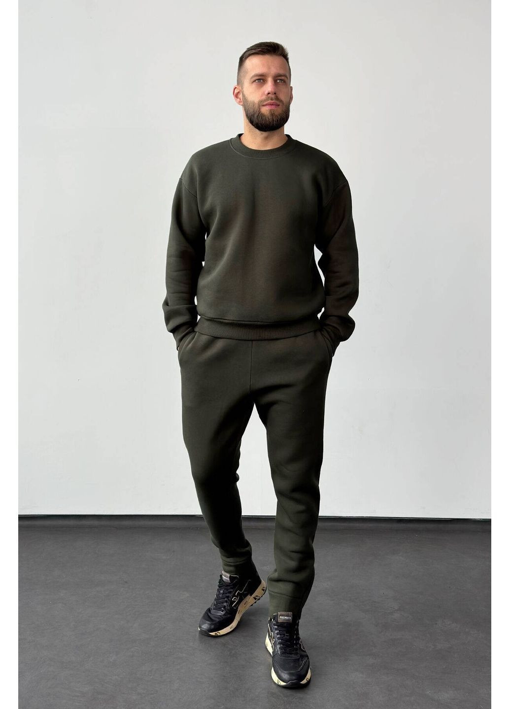 Оливковый (хаки) демисезонный спортивный костюм тринитка на флисе (свитшот, брюки), цвет хаки Nenka