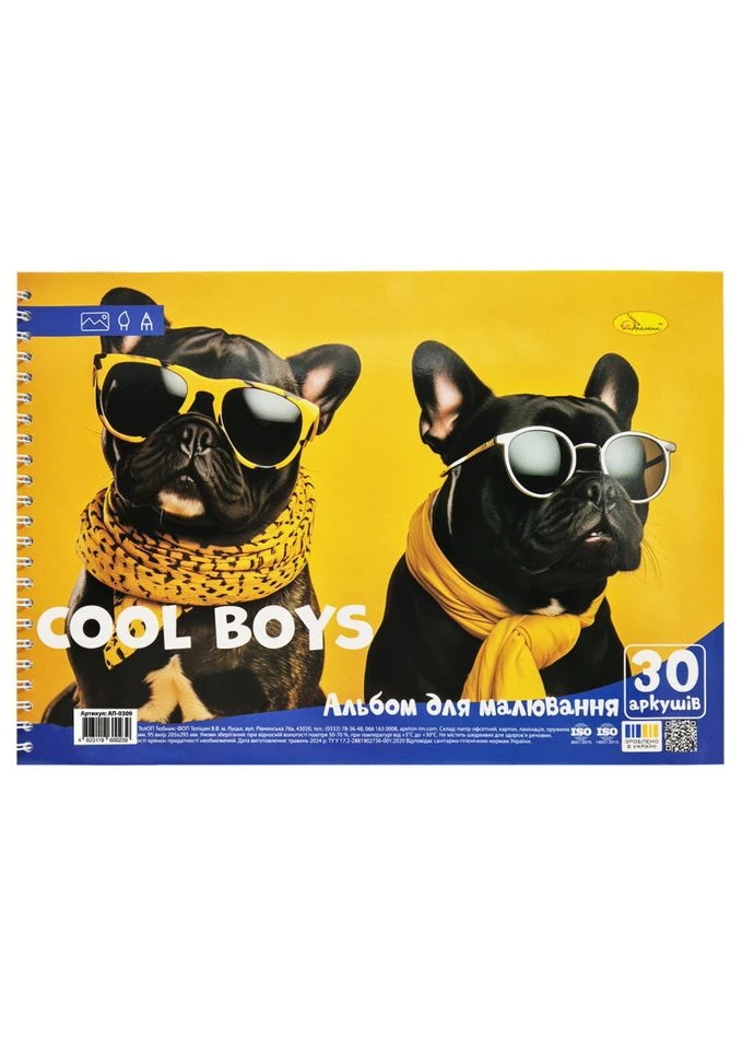 Альбом для малювання "Cool boys" АП-0309-5, 30 аркушів, пружина Апельсин (396242628)