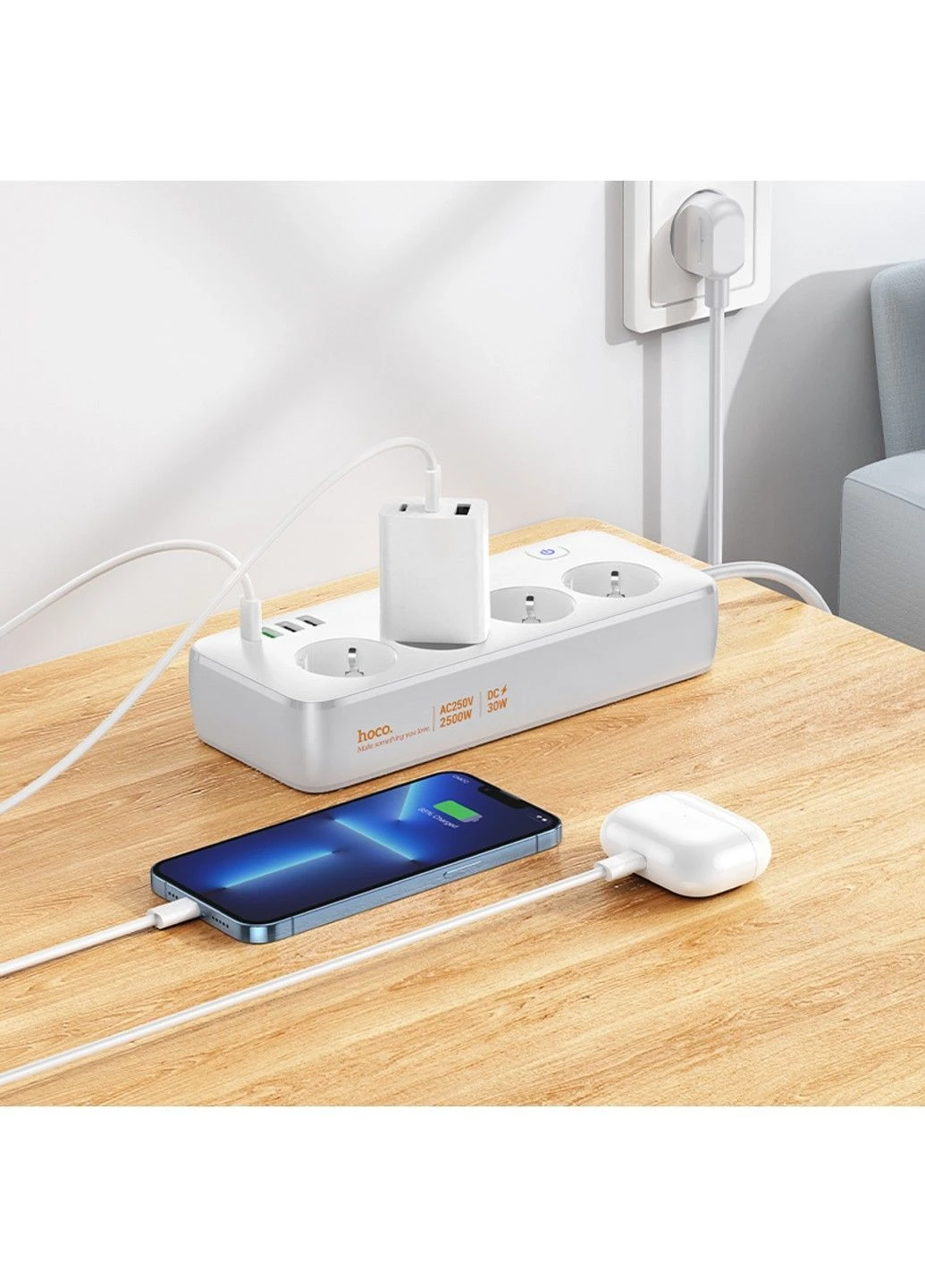 Мережевий подовжувач AC22 Sunlight 4-bit (PD30W/1C3A) desktop socket (EU/GER) (1.5 m) White Hoco (382341994)
