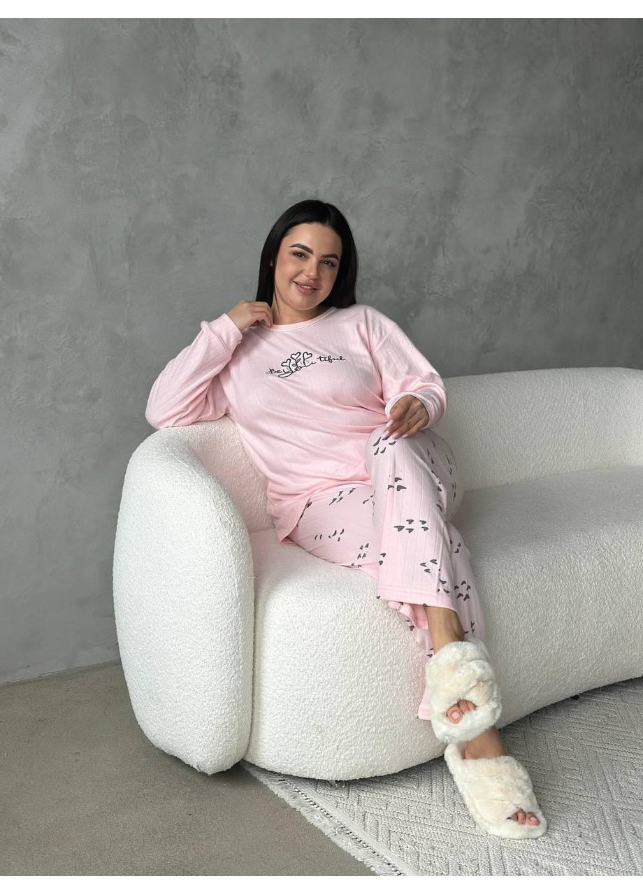 Рожева жіноча піжама plus size рожева, трикотажна, принт вії / домашній комплект великих розмірів, кофта + штани / піжама жіноча No Brand