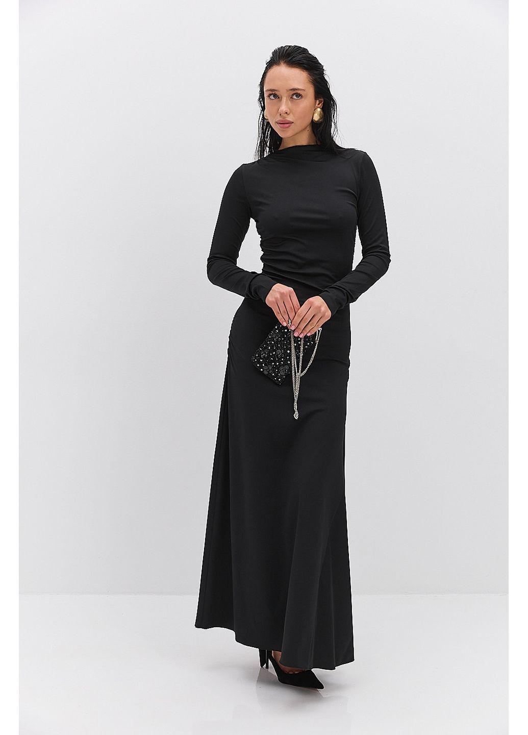 Чорна довге вечірнє плаття з драпіруванням бордове Arjen