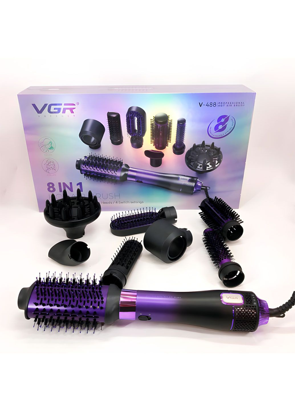 Фен-щітка стайлер 8в1 — 8 насадок, 4 режими, для сушіння та укладки VGR V‑488 (348059035)