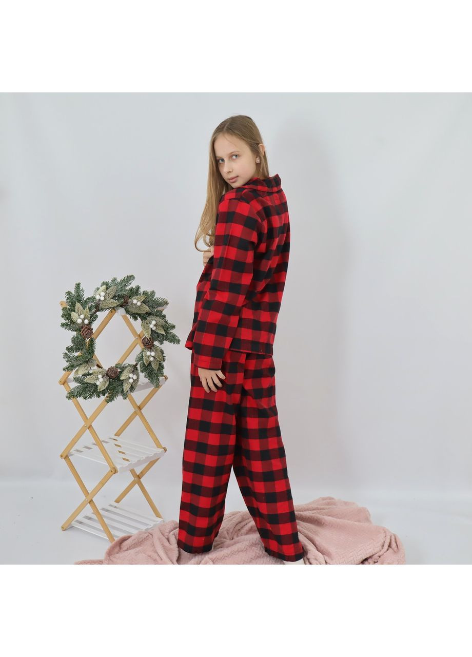 Червона зимня байкова тепла дитяча піжама в чорно-червону карту сорочка + штани кофта + брюки No Brand