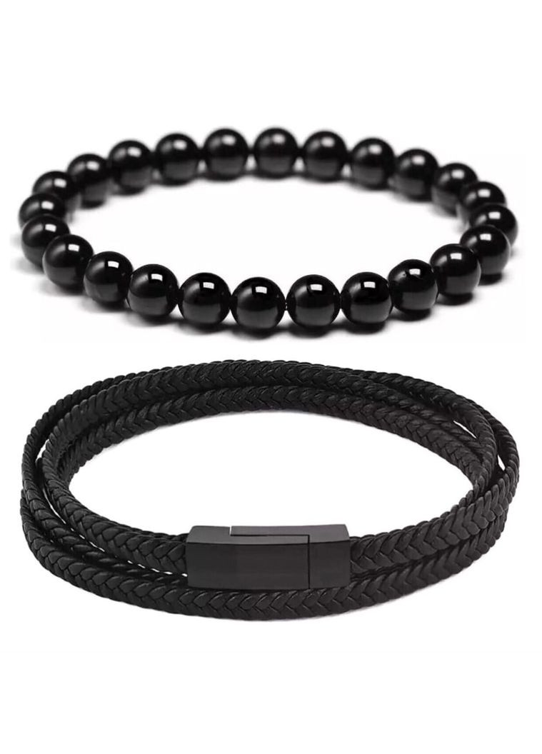 Комплект браслетів зі шкіри у вигляді намотки чорного кольору та агату (12075) Hemst (301071312)