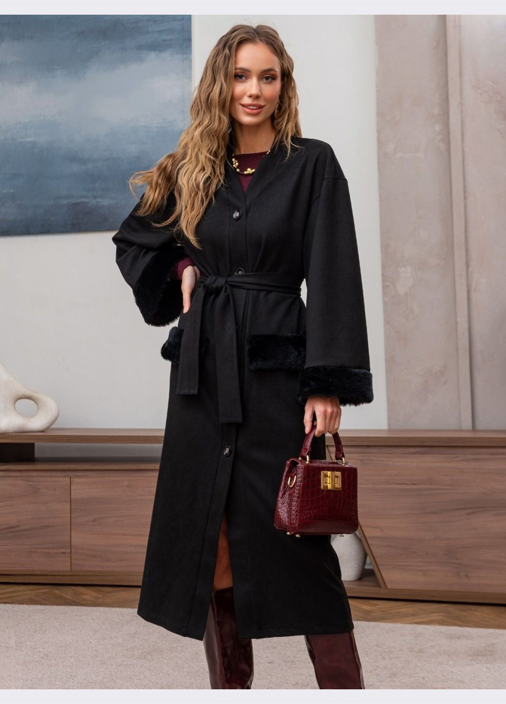 Чорна кежуал сукня на ґудзиках зі вставками з хутра чорна сукня-сорочка Dressa однотонна