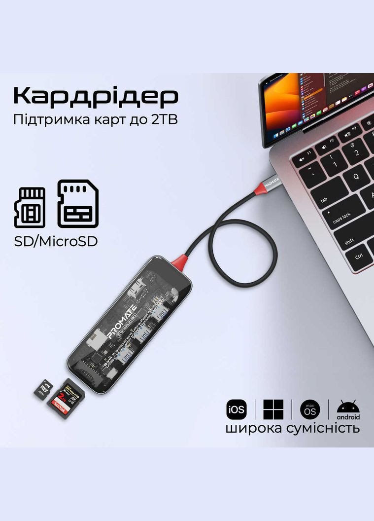 USB-хаб TransHub-Go USB Type-C 9-в-1 Grey Promate (336959316)