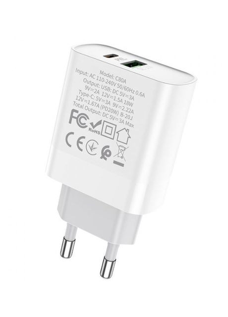 МЗП C80A Plus Rapido PD20W + QC3.0 charger (EU) White Hoco (297453102)